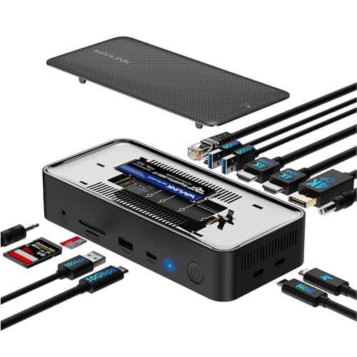 WAVLINK Triple Display Dock, 13-in-1 Type-C 10Gbps Hub with M.2 PCIe/SATA SSD Enclosure, Support 100W PD, 4K@60Hz HDMI/DP, USB C/USB-A Gen 3.2/3.1, SD/TF, Gigabit RJ45 for Windows, Mac OS
