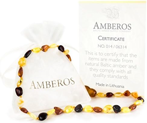 Amber Teething Necklace - for Babies (Unisex). Amberos Directly From Lithuania Certified Baltic Amber Baby Teething Necklace Highest Quality Guaranteed Anti Inflammatory, Drooling & Teething Pain.