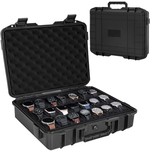 FREEAMG 21 Slots Watch Travel Case Organizer Watch Hard Collection Storsge Box with Padlockable Hole Watch Box with Foam for Men & Women Watch Carry Case Fits All Watches