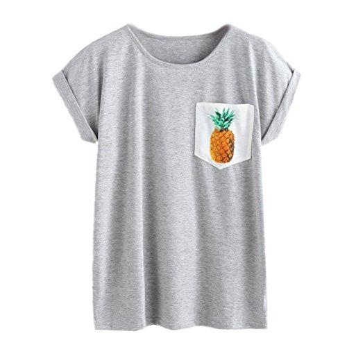 Meyerlbama Women Tee, Ladies Fashion Pocket Pineapple Print T-Shirt Crewneck Blouse Short Sleeve Solid Tops (S, Grey)
