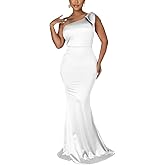 FairyLove Womens Sexy One Shoulder Ruffle Glitter Dresses Classy Pencil Curvy Shiny Long Flowy Formal Dress White