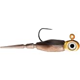 Northland Tackle Rigged Tungsten Pin Fry Ice Fishing Jig with Minnow Fry Body, 2 Pre-Rigged Jig Heads &amp; 3 Extra Ice Fishing Plastics, Tungsten Jig Heads for Panfish, 1/28 Oz, Woodtick
