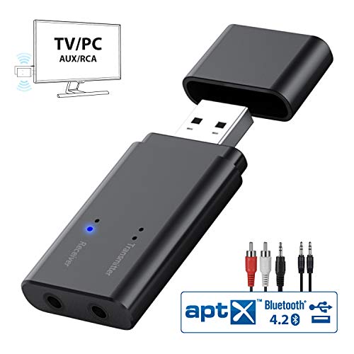 Bluetooth 4.2 Transmitter and Receiver, EKSEN 2 in 1 USB Wireless Audio Adapter with 3.5mm Aux Port for TV, PC, Car, Headphones, Home Sound System.