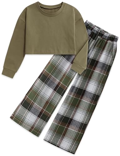 Gaupafmb Cute Clothes for Teen Girls Solid Long Sleeve Tops Plaid Wide Leg Pants with Pockets Girls Outfits Size 7/8 at Amazon