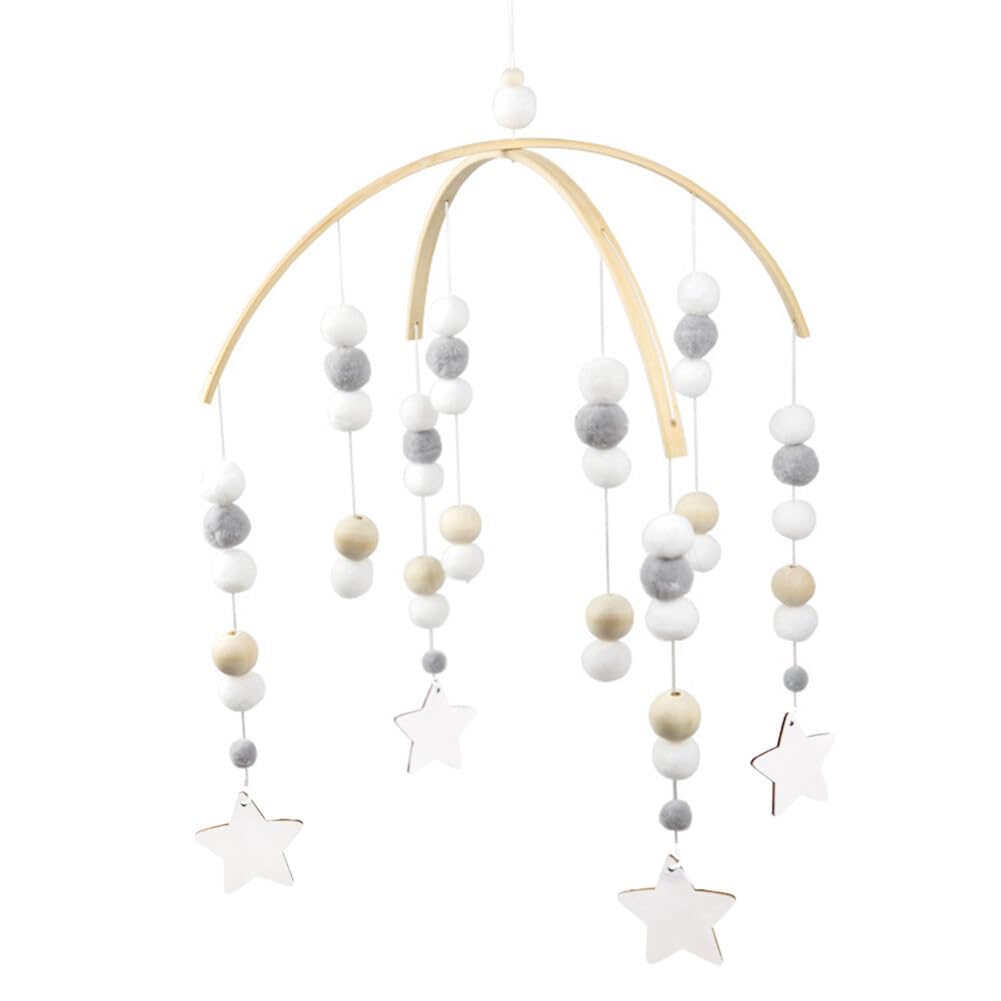 Uposao Hanging Mobile, Wooden Baby Bed Mobile Wind Chime Rattle Toy with Felt Balls, Stars, Grey, for Cot, Children's Room
