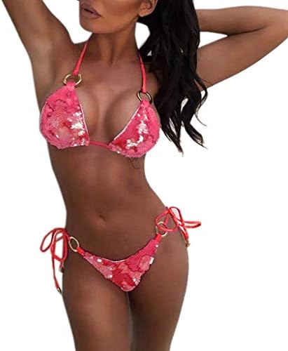 JiaMeng Women 2 Pieces Swimsuit Sprkling Sequin Rhinestone Crystal Diamond Push-up Bikini Set Halter Neck Bikini Swimwear