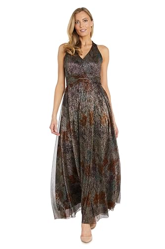 R&M Richards Women's Printed Metallic Crinkle V-Neck Halter Maxi Dress W/Ruched…