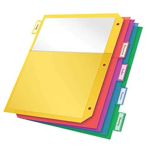 Oxford Plastic 2 Pocket Binder Dividers, 5 Tab 1/5 Cut, Multicolor Large Tab Set, Insertable