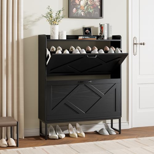 Nicetree Shoe Cabinet with 2 Flip Drawers, Narrow Shoe Storage Cabinet with Metal Legs, Freestanding Slim Shoe Organizer Cabinet for Entryway, Hallway, Foyer, Black