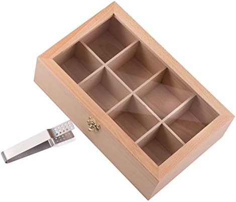 Dining Decree Bundle: Beech Wood Tea Storage Box 12 x 7 1/2 x 3 1/2", Glass Scratch-Proof Lid, 8 Adjustable Compartments, Bronze Latch/Hinges bundled with Stainless Steel Tong