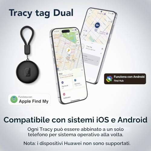 localizzatore di oggetti Tracy Tag Dual compatibile con le app Apple Dov'è e Google Find Hub per iOS e Android con batteria CR2032 e certificazione IP68, nero