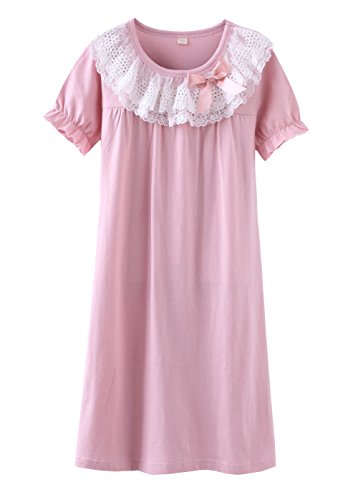 Wsorhui Girls Short Sleeve Nightgowns Soft Cotton Lace Bowknot Princess Sleepwear Nightdress 5-6 Year,130 Pink