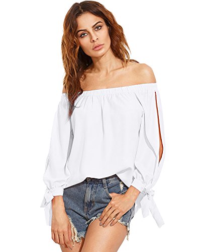 ZANZEA Women's Off The Shoulder Split Knotted Long Sleeve Blouse Loose Boat Neck Tie Cuff Top Shirts Off White XL