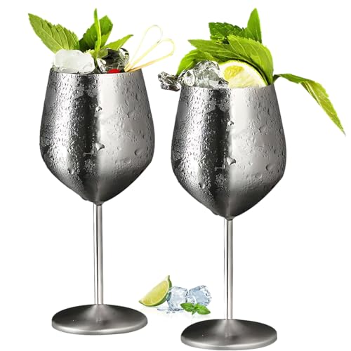 Copas de Vino Acero Inoxidable con Tallo 500ml 2 Pieza, Taza Cobre de Vino Tinto Cóctel Inastillable Fácil de Limpiar, Copas Irrompible para Aniversarios Navidad Fiesta Piscina Boda, Alto 21cm (Plata)