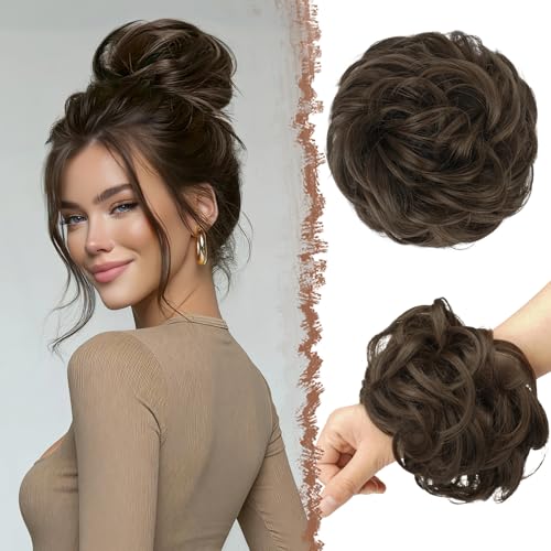 FESHFEN Messy Bun Hair Piece Hairs Scrunchies Thick Curly Wavy Pony Tail Synthetic Accessories Donut Updo Hairpieces for Women Girls 55g, Medium Ash Brown โ image 1