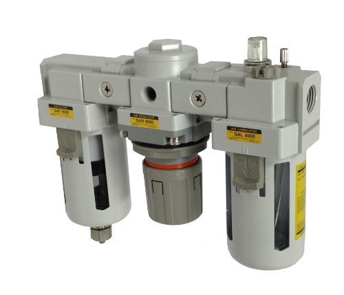 PneumaticPlus SAU4000M-N04G Three-Unit Combo Compressed Air Filter Regulator Lubricator FRL, Air Preparation Unit 1/2" NPT - Manual Drain, Poly Bowl, 10 Micron with Gauge