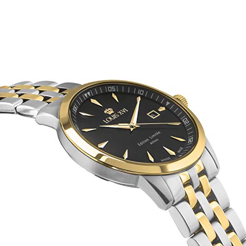 LOUIS-XVI-Herren-Armbanduhr-Athos-Slim-Stahlband-Bicolor-Silber-Gold-Schwarz-Analog-Quarz-Edelstahl-928