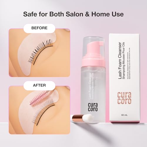 Curacoro 60ML Eyelash Extension Cleanser (Unscented) - Lash Shampoo for Lash Extensions, Eyelash Extension Foam Cleanser for Sensitive Skin, Removes Waterproof Makeup for Professional & Home Use