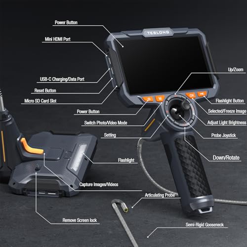 Teslong TF600 3.9mm 4-Way Articulating Borescope for Automotive Engine | Professional Mechanic Inspection Camera, Ergonomic Design, 6-inch 1920x1080 IPS Screen, 6 LEDs, IP67, 6000mAh, 32GB, 5FT