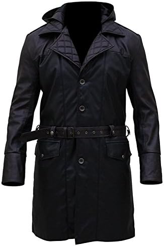 HF Outlets Assassins Creed Syndicate Jacob Frye Black Leather Trench Coat With Hoodie (Large Coat Chest 48", Real Leather)