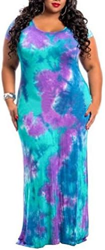 Women's Plus Size Color Block Tie Dye Stripes Boho Summer Beach Long Maxi Dresses Purple 4XL