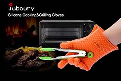 Juboury Heat Resistant Silicone Gloves--FDA Approved and BPA Free BBQ or Grill Gloves and Tong Combination Suit for Barbeque,Oven,Cooking,Frying,Baking--Protect Your Hands And Avoid Accidents