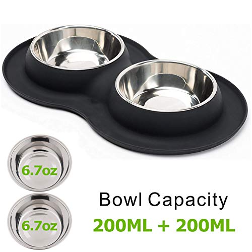 Roysili Double Dog Bowl Pet Feeding Station, Stainless Steel Water and Food Bowls with Non Skid Non Spill Silicone Mat, Quality Dog Bowl Holder for Small Medium Dogs Cats (MIini(for Puppies), Black) - Thumbnail 7