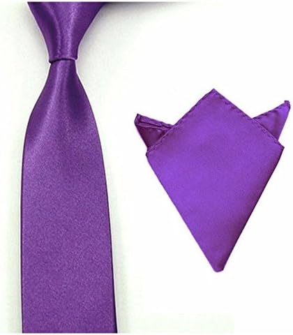 Men Satin Solid Color Necktie Tie Hanky Handkerchief Pocket Square Set Color:Purple