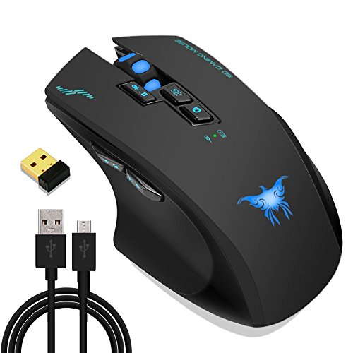 JinSun Rechargeable 2.4G Laptop 2 in 1 Wireless & Wired Gaming Mouse Optical Mice with USB, 8 Buttons, 3 Colors Breathing Lights for PC and Mac, 800/1200/1600/2000/2400DPI Adjustment