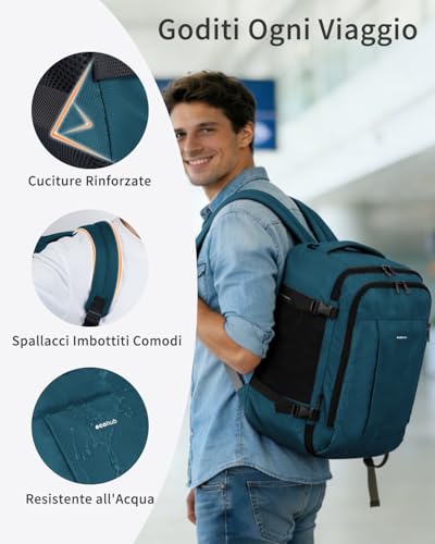 ECOHUB Ryanair Travel Backpack 40 x 30 x 20 cm, 13 Pockets Hand Luggage Under the Seat Handle Eco Friendly Airplane Bag in Recycled PET 24 Litres, Patented (Blue Green)