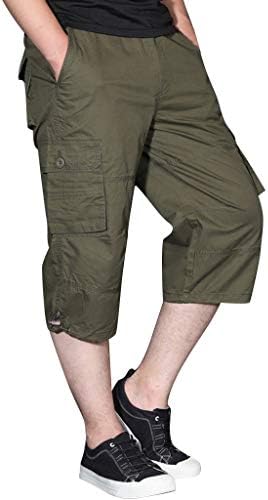 Hurrybuy Mens Summer 3/4 Loose Fit Casual Work Pants Multi-Pocket Cotton Cargo Shorts