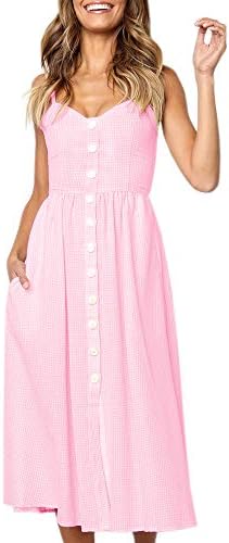 Chuanqi Womens Dresses Spaghetti Strap Backless Button Down Swing Midi Dress with Pockets