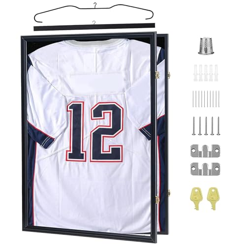 Black Jersey Display Frame Case Lockable, Sport Jersey Shadow Box with UV Protection Acrylic and Hanger for Baseball Basketball Football Soccer Hockey Shirt and Uniform, 80*60*4Cm