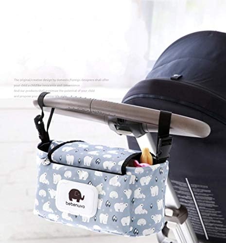 Baby Stroller Organizer Bag, Pram Buggy Organiser Storage Bag Oxford for Buggies, Diaper Bag Hanging Bottle Holder for Pushchair, with Velcro, Straps and Clips, Waterproof, Universal. (White Bear)