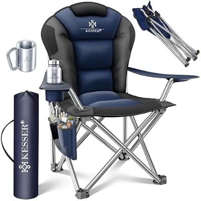 ® Silla de Plegable Camping Acolchada hasta 150 kg, con Apoyabrazos y Portavasos + Bolsa con Respaldo Alto, Silla de Playa, Taburete, Azul Marino/Negro