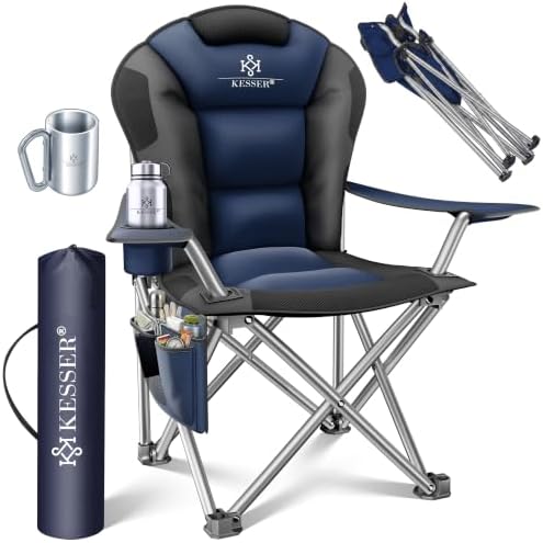 ® Sedia da Campeggio fino a 150 kg con Braccioli, Schienale Alto, Imbottita, Luce da Campeggio e Portabicchieri + Borsa, Pieghevole e Richiudibile, Blu Navy/Nero