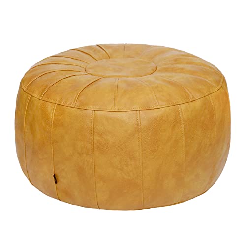 Thgonwid Unstuffed Moroccan Faux Leather Pouf Ottoman with Storage - Handmade Boho Chic Multi-Use Footrest for Living Room, Bedroom, Patio - Round Ethnic Floor Cushion & Decorative Accent, Yellow