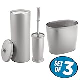mDesign Modern Plastic Bathroom Storage and Cleaning Accessory Set - Includes Bowl Brush, 3-Roll Toilet Paper Canister with Lid, Wastebasket Trash Can/Garbage Bin - 3 Pieces - Silver