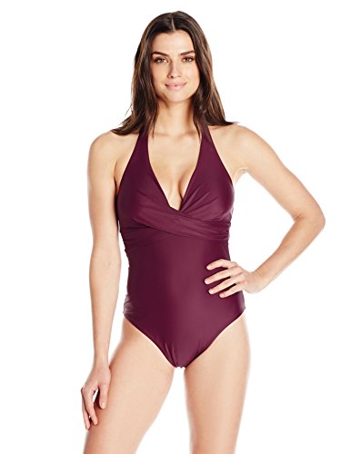 Coastal Blue Women's Swimwear Wrap Halter One Piece Swimsuit, ZEN Rose, M (8-10)