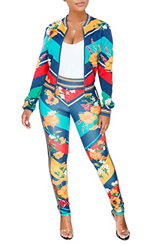 Women's Floral Print 2 Piece Set Open Front Zipper Jacket and Skinny Long Pants Plus Size Tracksuit