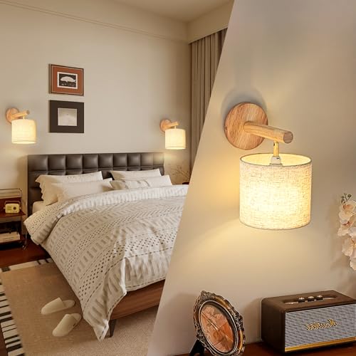 Gleonlux Vintage Interior Wall Light, Industrial Wood Wall Light E14, Retro Wall Lamp Fabric Lampshade, Sconces for Bedroom, Hallway, Living Room, Stairs, Bulb Not Included, Linen