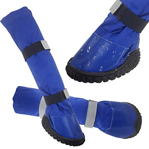 Wisita Dog Boots Waterproof Shoes Snow Shoes for Large Dogs with Reflective Velcro Rugged Anti-Slip Sole Black and Blue Color with 4PCS and 5 Sizes! (M-70, Blue)