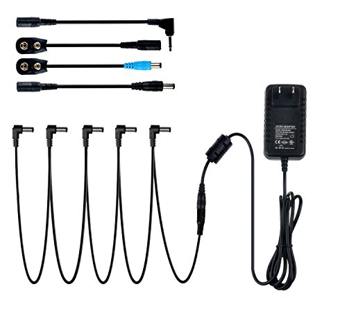 Azor Pedal Power Supply Adapter with 5 Way Chain Cables Fit for 9V Guitar Effect Pedal