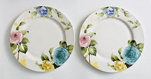 Set Of 2 | White With Pink Stripe And Blue, Green And Pink Rose Flower Patterned Porcelain Plates | 10.5 inches