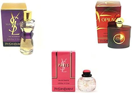 YSL Fragrance Mini Set for Women; 3 Piece Bundle Set of Individually Boxed Women's Miniature Fragrances: New Opium EDT, Manifesto EDP and Paris EDT. All are Splash-On, .25oz Small Travel Size.