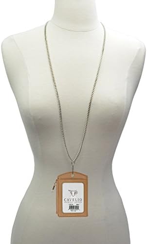 Cavelio ID Lanyard Leather Badge Holder with Chain Neck Strap (Tan)