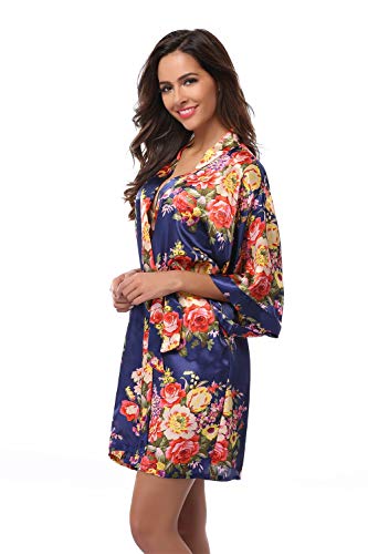 Women's Bridesmaid Robe Short Floral Wedding Kimono Robe Satin Floral Kimono Bathrobe for Bridal Wedding Party Navy M