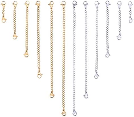 1Set Mixed Dull Silver Tone and Gold Plated Stainless Steel Extender Chain with 2 Lobster Clasps for DIY Jewelry Making 25mm-150mm