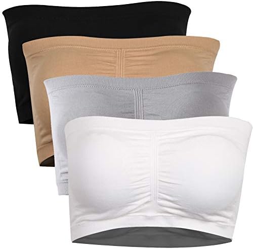 Women's Padded Bandeau Bra, Basic Wire-Free Seamless Cozy Strapless Bandeau Tube Top Bra 4 Pack