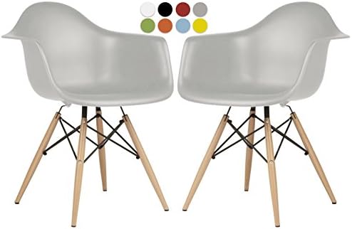Eames Style Chair by La Valley - Set Of 2 - Mid Century Modern Eames Molded Shell Armchair with Dowel Wood Eiffel Legs - for Dining Room, Reception Room, Lounge - Easy-Assemble &amp; Clean - Light Gray